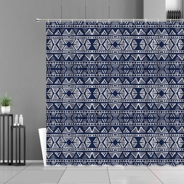 Retro Blue Shower Curtain, Mid-Century Boho Mandala Geometry Fabric Bathroom Curtain Accessories