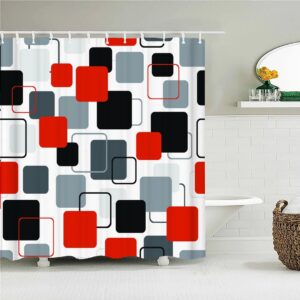 Retro Geometric Shower Curtain, Vintage Abstract Red Gray Black Bathroom Curtain, Simple Home Bath Decor Accessories