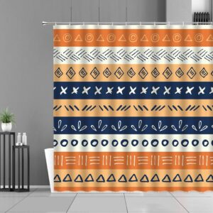 Retro Stripe Shower Curtain, Colorful Mid-Century Boho Horizontal Blue Fabric Bathroom Curtain