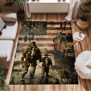 Saluting Sacrifice: Dad Fire Fighter and Son Firefighter Personalized Living Room Rugs, Firefighter Rugs for Living Room Bedroom, Firefighter Rectangular Rugs Full Size FR91