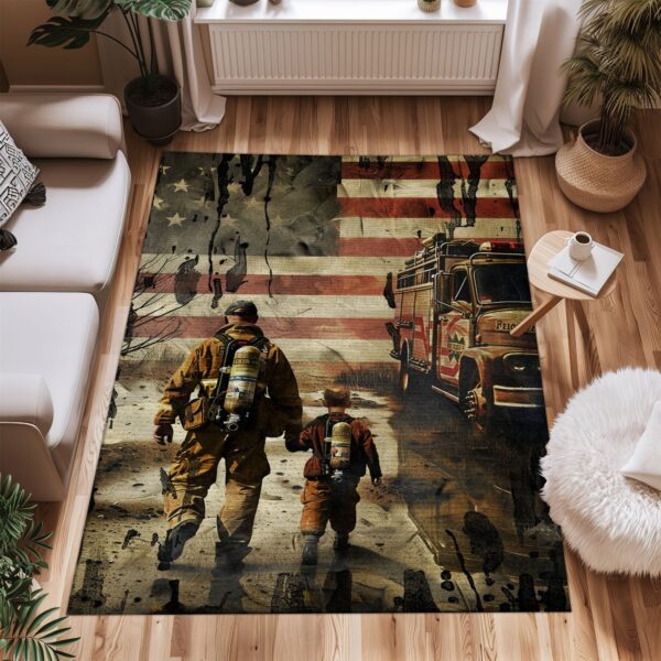 Saluting Sacrifice: Dad Fire Fighter and Son Firefighter Personalized Living Room Rugs, Firefighter Rugs for Living Room Bedroom, Firefighter Rectangular Rugs Full Size FR91