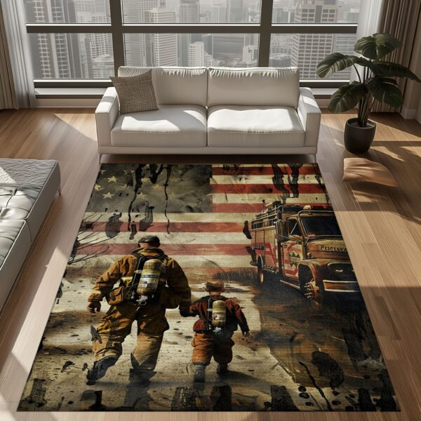Saluting Sacrifice: Dad Fire Fighter and Son Firefighter Personalized Living Room Rugs, Firefighter Rugs for Living Room Bedroom, Firefighter Rectangular Rugs Full Size FR91