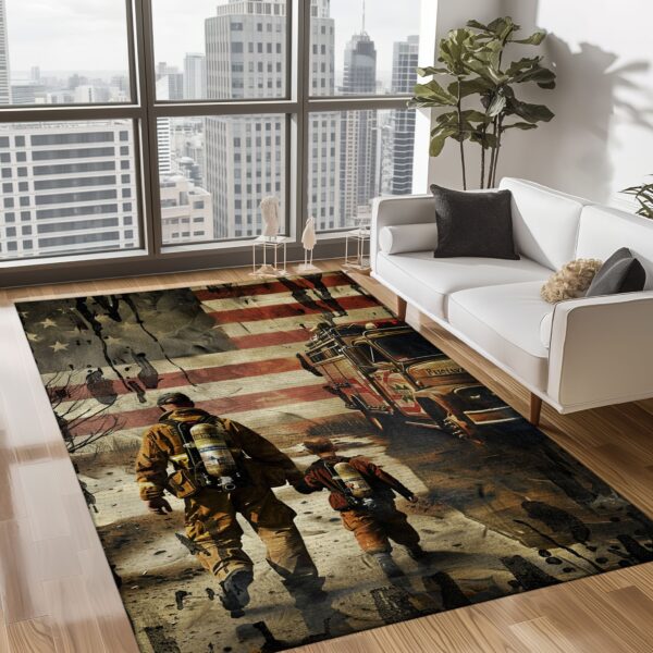 Saluting Sacrifice: Dad Fire Fighter and Son Firefighter Personalized Living Room Rugs, Firefighter Rugs for Living Room Bedroom, Firefighter Rectangular Rugs Full Size FR91