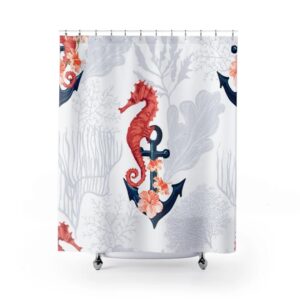Seahorse And Anchor Art Shower Curtain, Beach Bath Decor, Nautical Bath, Coastal Shower Curtain