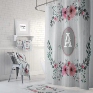 Shabby Custom Monogram Shower Curtain Optional Bath, Bath Towels Mat Bathroom Set Faux Wood And Roses