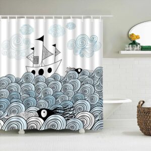 Ship In The Ocean Wave Shower Curtain, Blue Sea Beach Coastal Octopus Curtain, Bath Tub Curtain