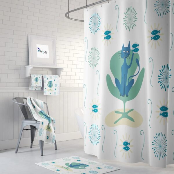 Shower Curtain, Mid Century Modern Cat for Bathroom Decor, Home Decor