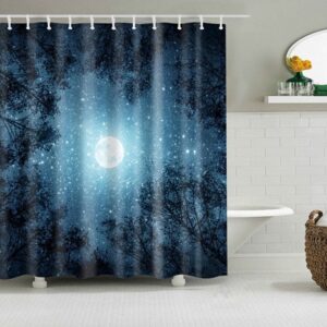 Starry Night In The Forest Shower Curtain, Blue Nature Star Moon Landscape, Home Bath Decor