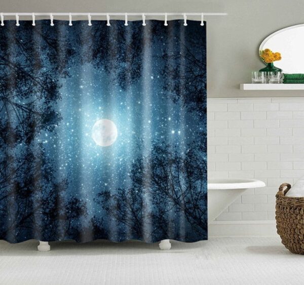 Starry Night In The Forest Shower Curtain, Blue Nature Star Moon Landscape, Home Bath Decor