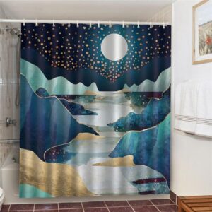 Starry Night In The Mountain Shower Curtain, Blue Nature Forest Landscape, Home Bath Decor