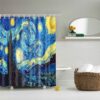 Starry Night Van Gogh Shower Curtain, Dutch Painter Oil Painting Blue Moon Night Bathroom Curtain, Home Bath Art Decor
