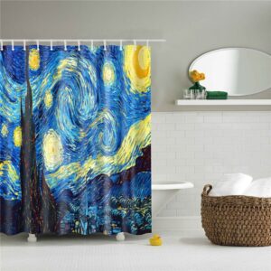 Starry Night Van Gogh Shower Curtain, Dutch Painter Oil Painting Blue Moon Night Bathroom Curtain, Home Bath Art Decor
