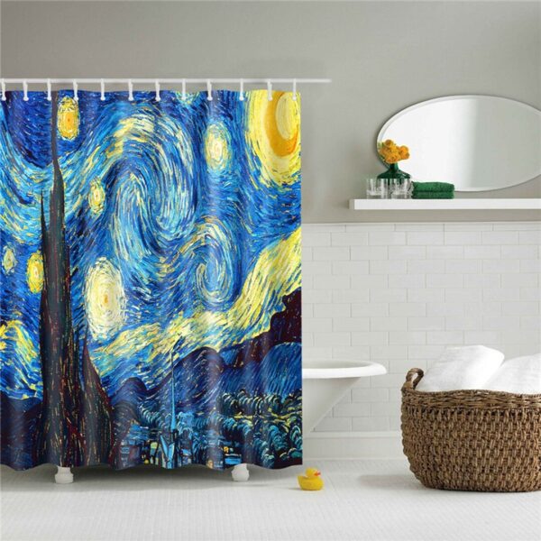 Starry Night Van Gogh Shower Curtain, Dutch Painter Oil Painting Blue Moon Night Bathroom Curtain, Home Bath Art Decor