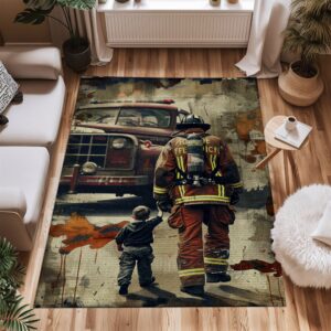 Strength in Unity: Dad Fire Fighter and Son Firefighter Decorative Personalized Rugs, Firefighter Rugs for Living Room Bedroom, Firefighter Rectangular Rugs Full Size FR95
