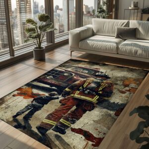 Strength in Unity: Dad Fire Fighter and Son Firefighter Decorative Personalized Rugs, Firefighter Rugs for Living Room Bedroom, Firefighter Rectangular Rugs Full Size FR95