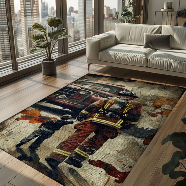 Strength in Unity: Dad Fire Fighter and Son Firefighter Decorative Personalized Rugs, Firefighter Rugs for Living Room Bedroom, Firefighter Rectangular Rugs Full Size FR95