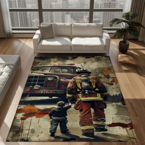Strength in Unity: Dad Fire Fighter and Son Firefighter Decorative Personalized Rugs, Firefighter Rugs for Living Room Bedroom, Firefighter Rectangular Rugs Full Size FR95