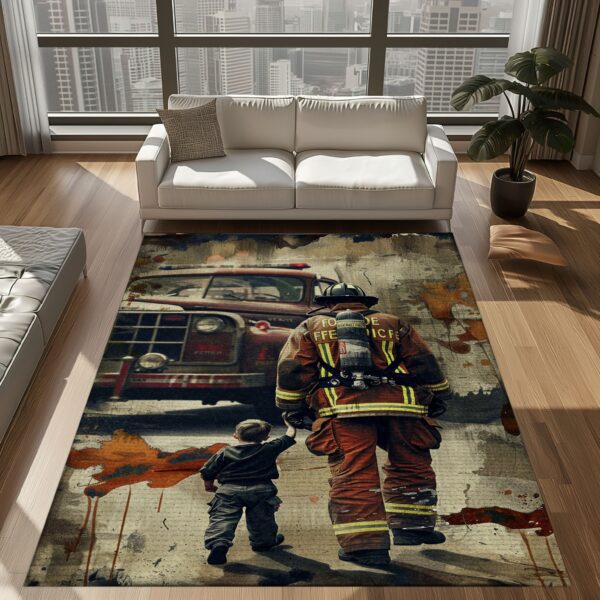 Strength in Unity: Dad Fire Fighter and Son Firefighter Decorative Personalized Rugs, Firefighter Rugs for Living Room Bedroom, Firefighter Rectangular Rugs Full Size FR95