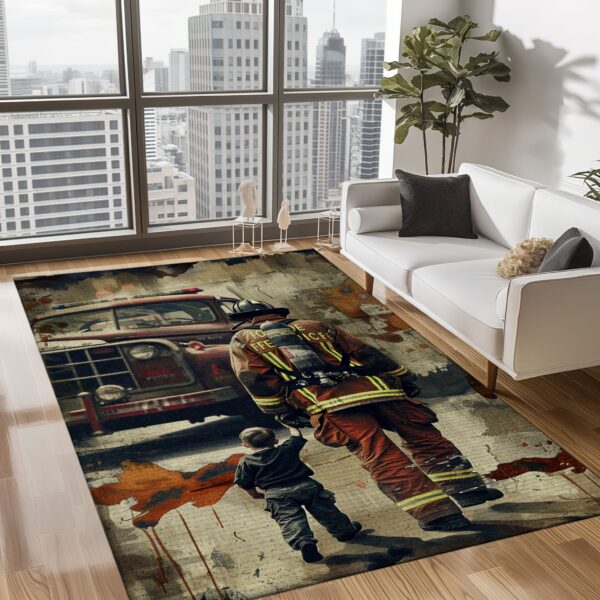 Strength in Unity: Dad Fire Fighter and Son Firefighter Decorative Personalized Rugs, Firefighter Rugs for Living Room Bedroom, Firefighter Rectangular Rugs Full Size FR95