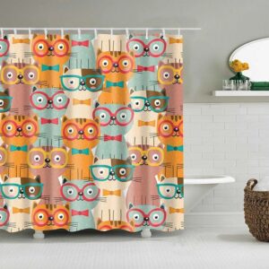 Stylish Cat Shower Curtain, Cute Cat Wearing Glasses Animal Fabric Bathroom Curtain House Warming Gift Cat Lovers