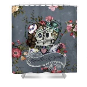 Sugar Skull Shower Curtain, Gray Rose Floral, Andquot;Always Kiss Meandquot