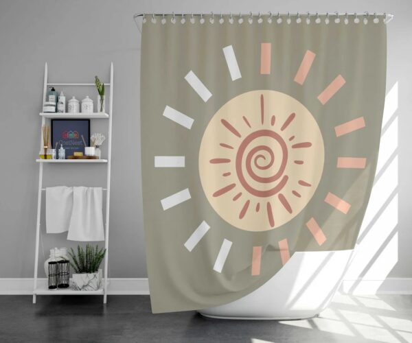 Sun Boho Shower Curtain, Bohemian Minimalist Morning Sunrise Fabric Bathroom Curtain And Mat, Housewarming Gift