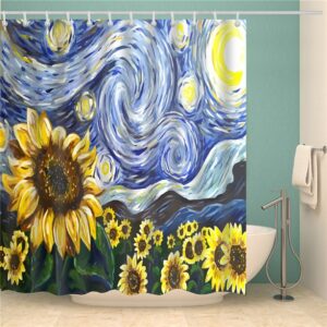 Sunflower Starry Night Shower Curtain, Van Gogh Famous Dutch Painter Oil Painting Blue Bathroom Curtain, Home Bath Art Decor
