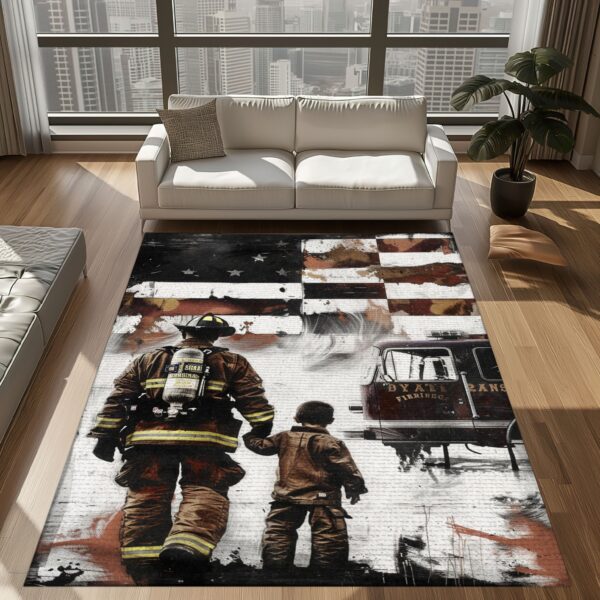 Symbol of Valor: Dad Fire Fighter and Son Firefighter Personalized Home Rugs, Firefighter Rugs for Living Room Bedroom, Firefighter Rectangular Rugs Full Size FR99