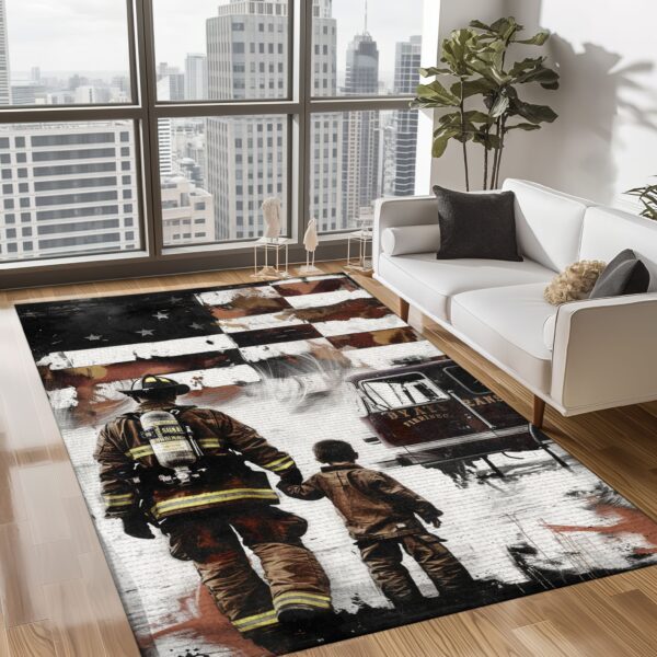 Symbol of Valor: Dad Fire Fighter and Son Firefighter Personalized Home Rugs, Firefighter Rugs for Living Room Bedroom, Firefighter Rectangular Rugs Full Size FR99