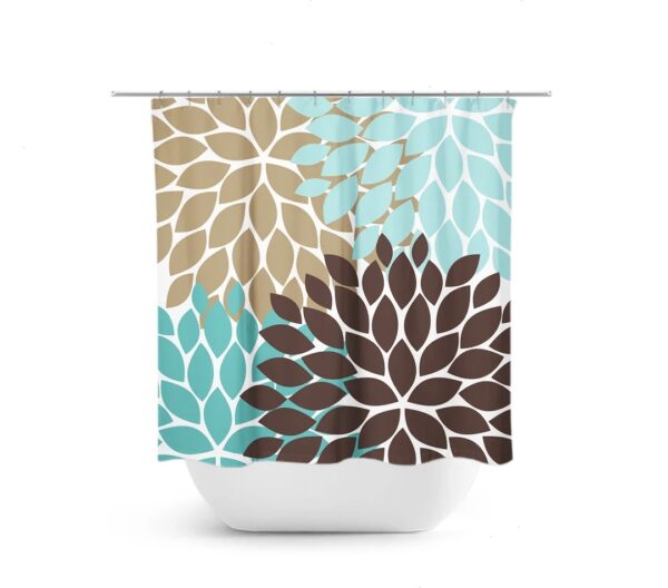 Teal Brown Beige Shower Curtain, Floral Bath Curtain, Aqua Bathroom, Fabric Shower Curtain, Girls Bathroom Decor, Brown Bathroom