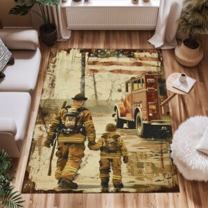 Vibrant Dad Firefighter and Son Personalized Area Rug: Celebrate Fatherhood and Courage, Firefighter Rugs for Living Room Bedroom, Firefighter Rectangular Rugs Full Size FR69