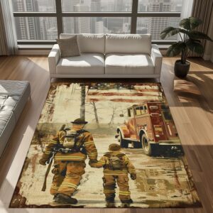 Vibrant Dad Firefighter and Son Personalized Area Rug: Celebrate Fatherhood and Courage, Firefighter Rugs for Living Room Bedroom, Firefighter Rectangular Rugs Full Size FR69