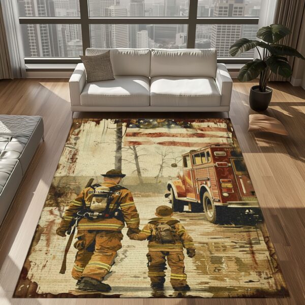 Vibrant Dad Firefighter and Son Personalized Area Rug: Celebrate Fatherhood and Courage, Firefighter Rugs for Living Room Bedroom, Firefighter Rectangular Rugs Full Size FR69