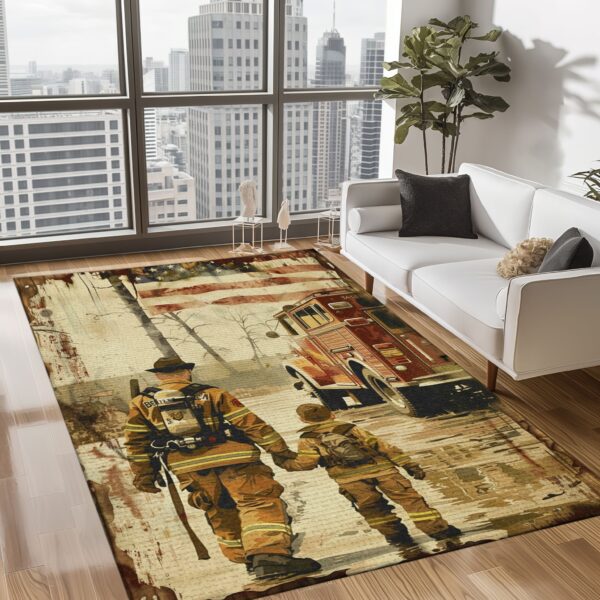Vibrant Dad Firefighter and Son Personalized Area Rug: Celebrate Fatherhood and Courage, Firefighter Rugs for Living Room Bedroom, Firefighter Rectangular Rugs Full Size FR69