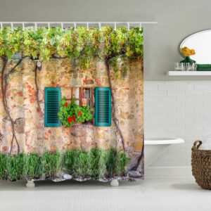 Village Home Shower Curtain, Grapevine Blue Window Flowers Fabric Bathroom Curtain, Bath Curtain