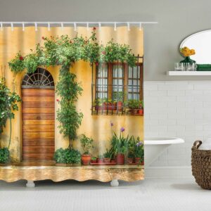 Village Home Shower Curtain, House Flower Leaves Garden Plant Fabric Bathroom Curtain, Bath Curtain