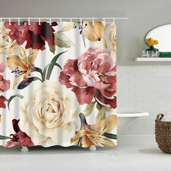 White Rose Red Peony Shower Curtain, Floral Flowers Fabric Bathroom Curtain, Bath Accessories