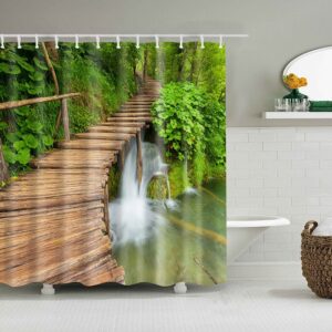 Wooden Bridge By The Creek Shower Curtain, Forest Trail Landscape Fabric Bathroom Curtain, Home Bath Decor Accessories